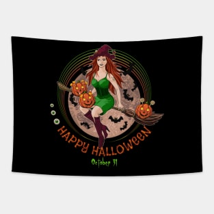 Pretty witch flying on broomstick Tapestry