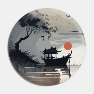 Boat on a Lake Ink Painting Pin