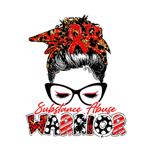 Substance Abuse Awareness Warrior Women Glasse Messy Bun Leopard Bandana - Happy Mothers Day, Valentines Day T-Shirt