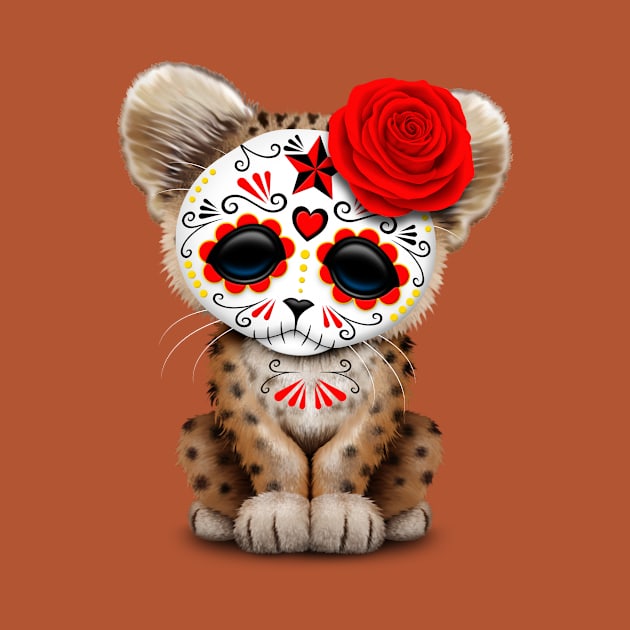 Red Day of the Dead Sugar Skull Leopard Cub by jeffbartels