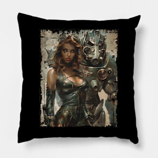 Woman and Power Armor Distressed Vintage Poster Pillow