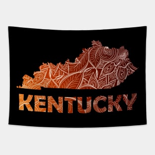 Colorful mandala art map of Kentucky with text in brown and orange Tapestry