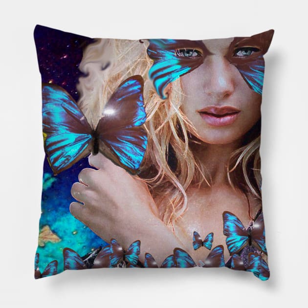 LADY OF THE BLUE BUTTERFLIES Pillow by BulganLumini