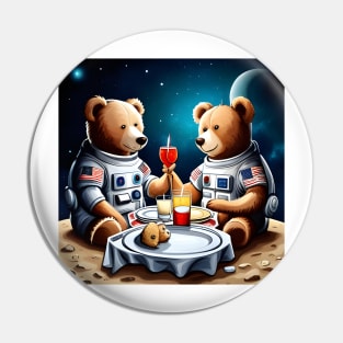 Two Teddy's in space suits having a romantic dinner on the Moon Pin