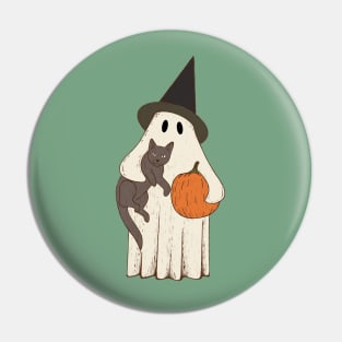 Vintage Ghost with Cat Halloween Graphic Pin