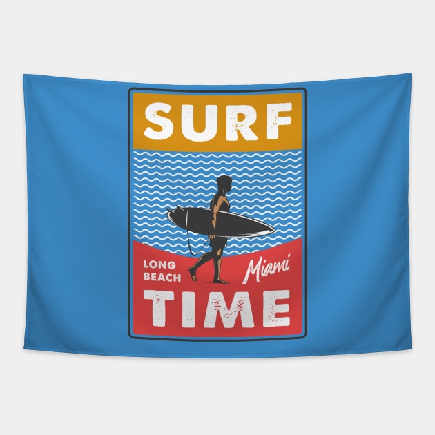 Surf Time Long Beach Miami Retro Vintage Surf Design Tapestry by TSHIRT PLACE