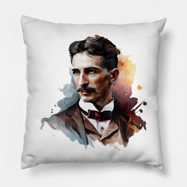 NIKOLA TESLA WATER COLOR PORTRAIT Pillow by aiartify