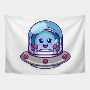 Cute alien head inside the astronaut helmet with ufo illustration Tapestry