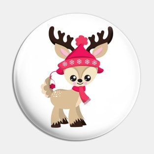 Christmas Reindeer, Cute Reindeer, Red Hat, Xmas Pin