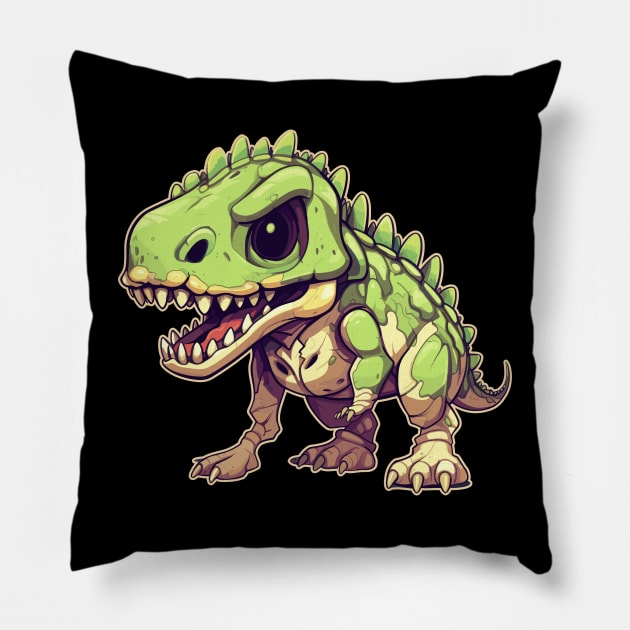 Green Scary Chibi T-Rex Isometric Dinosaur Pillow by DanielLiamGill