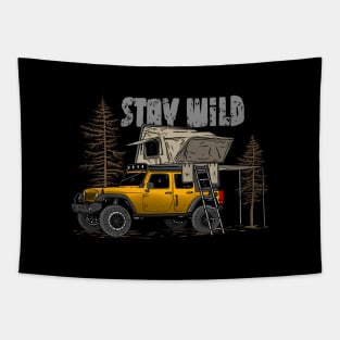 Stay Wild Jeep Camp - Adventure Yellow Jeep Camp Stay Wild for Outdoor Jeep enthusiasts Tapestry