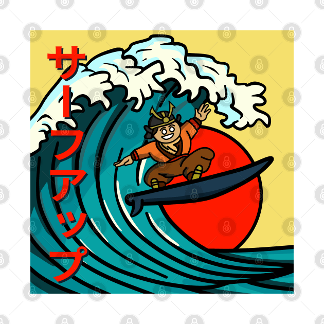 The Surfing Samuri, Inspired by Japanese Wave Art Yellow Background by Art from the Machine