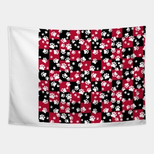 Paw Prints on Bull Dog Red and Black Checker Pattern Digital Design Tapestry