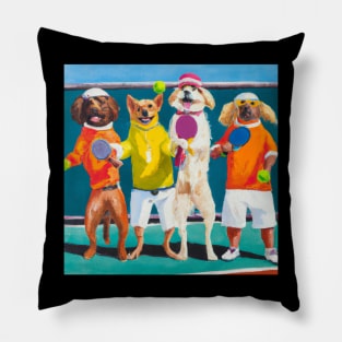 Dogs playing pickleball oil painting Pillow