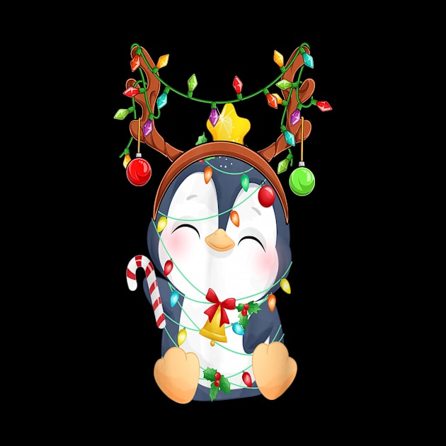 Cute Penguin Christmas Reindeer Color Lights Happy Holiday by Brodrick Arlette Store