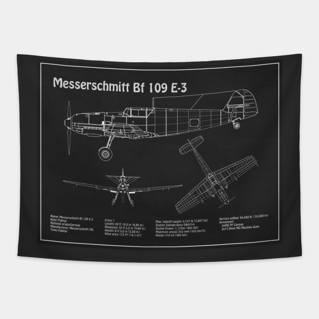 Messerschmitt Bf 109 E-3 - Airplane Blueprint - PD Tapestry by SPJE Illustration Photography