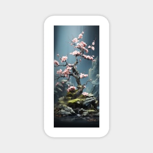 bonsai tree blossoming with pink flowers near waterfall Magnet