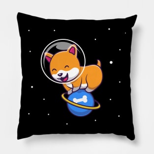 Cute Dog Playing On Planet Cartoon Pillow