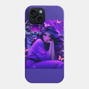 Fantasy girl with tiger in purple aesthetic Phone Case
