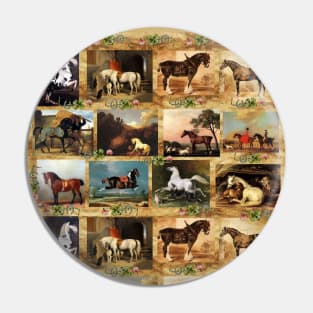 HORSES FINE ART PAINTINGS PARCHMENT PATTERN WITH HORSESHOES Pin