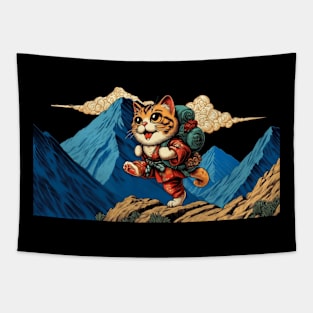 Vintage Japanese Art Sports Hiker Mountain Climbing Cat Tapestry