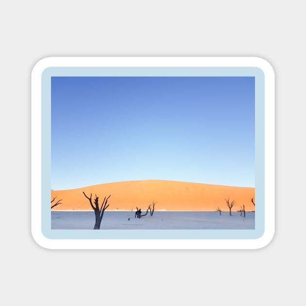 Sossusvlei dunes  landscape at Dead Vlei old trees, orange dunes dead tree and tourist in silhouette on salt pan Magnet by brians101