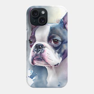 Adorable Boston Terrier Dog Watercolor with Blue and Purple Accents Phone Case