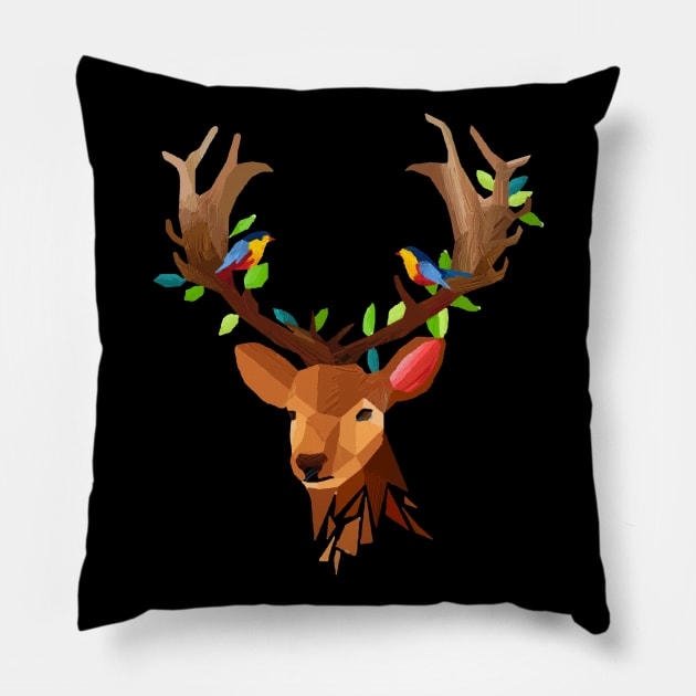 Deer T-Shirt - Deer Face Polygon With Birds Design Pillow by TeesHood