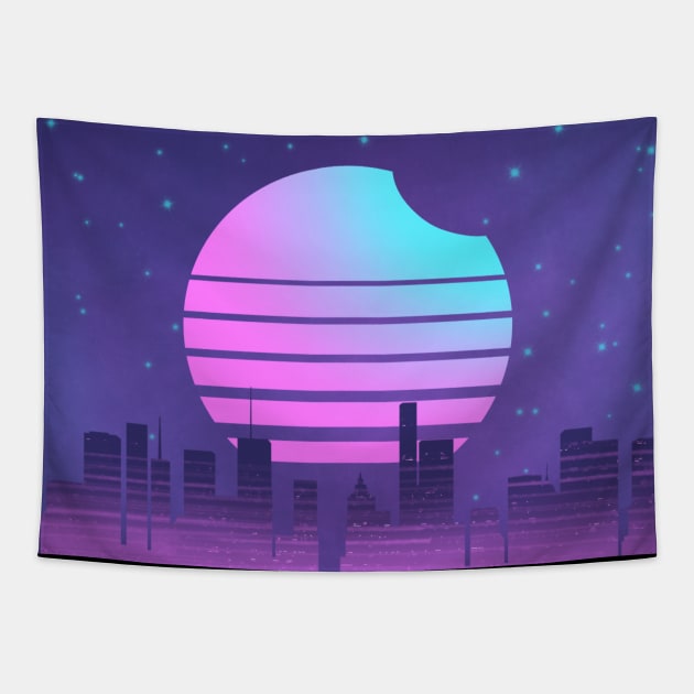 Synthwave Sunset Eclipse Vaporwave City with Galaxy and Neon Grid Tapestry by ichewsyou