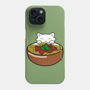 Cat eating pasta from a wooden bowl Phone Case