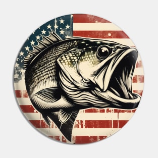 Retro Vintage Bass Fishing on American Flag Pin