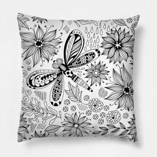 Dragonfly and flowers doodle Pillow