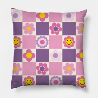 Retro Checkered Floral Pattern Pink and Purple Pillow