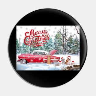 Red Car, Cats and Dogs Merry Christmas with Snowflakes Pin