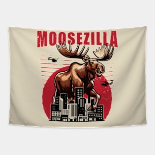 Moosezilla Funny Giant Moose in the City Look Meese Tapestry