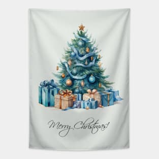 Vintage Blue Christmas Tree Watercolor Art Tapestry