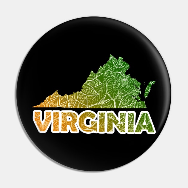 Colorful mandala art map of Virginia with text in green and orange Pin by Happy Citizen