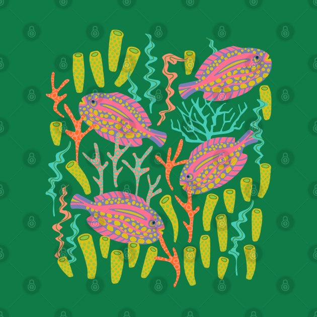 TROPICAL ZONE Coral Reef Fish Undersea Ocean Sea Creatures in Pink Purple Yellow Orange on Green - UnBlink Studio by Jackie Tahara by UnBlink Studio by Jackie Tahara