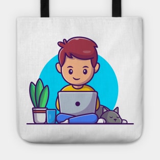 Male working on computer with cat cartoon Tote