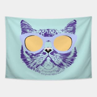 Tabby Cat with Holographic Sunglasses - Lilac Yellow Mint Tapestry