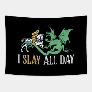 Slay All Day - Retro Knight and Dragon Design Tapestry