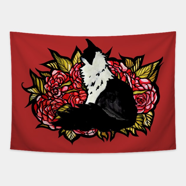 Red Roses Tuxedo Cat Tapestry by bubbsnugg