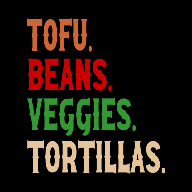 Tofu. Beans. Veggies. Tortillas. Vintage vegan burrito ingredients by Rocky Ro Designs