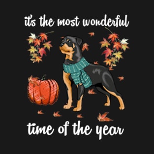 Rottweiler Dog Autumn Fall Most Wonderful Time Maple Gift T-Shirt