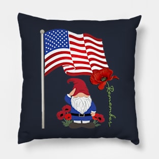 Gnome Lover, American Flag & Poppy Flowers Patriotic Pillow