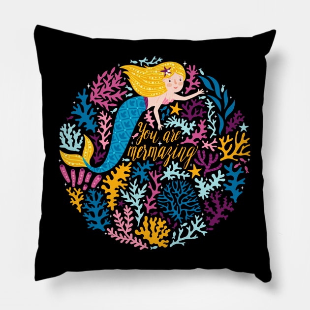 You Are Mermazing Cute Funny Mermaid Lover Quote Artwork Pillow by Artistic muss