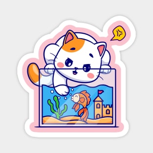 Cute Cat Playing With Fish In Aquarium Cartoon Magnet