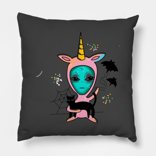alien in a pink unicorn onesy holding a cat smoking a blunt cute gift Pillow by AnanasArt