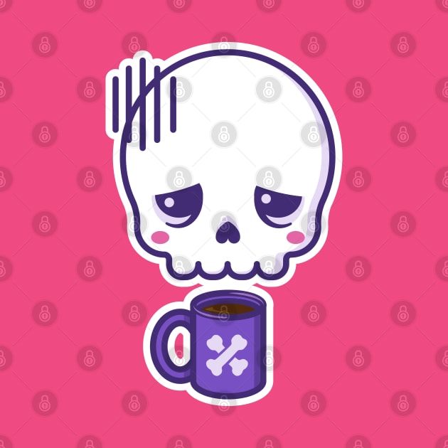 Dead inside, but caffeinated - kawaii skull with coffee cup (white outline) by Sugar & Bones