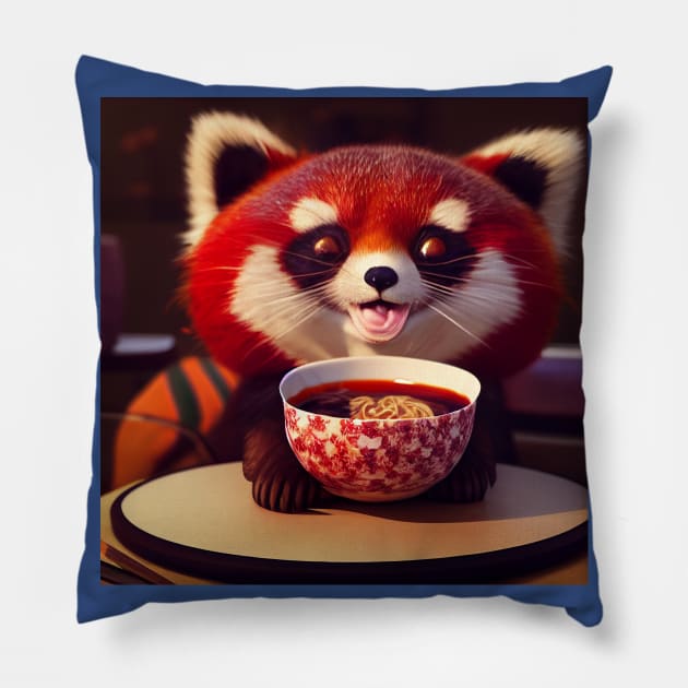 Kawaii Red Panda Eating Ramen Pillow by Grassroots Green